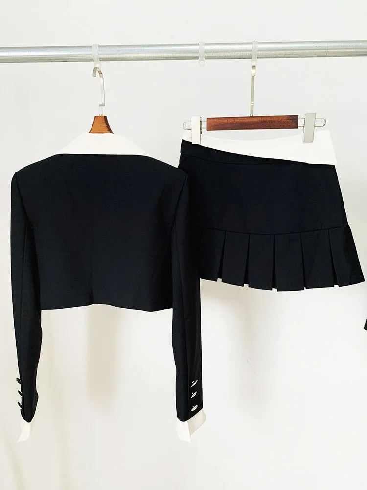 Women's Notched Collar Crop Jacket Pleated Skirt Two Piece Set