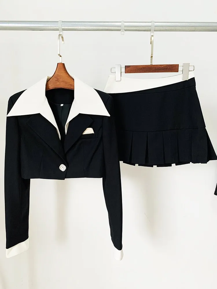 Women's Notched Collar Crop Jacket Pleated Skirt Two Piece Set